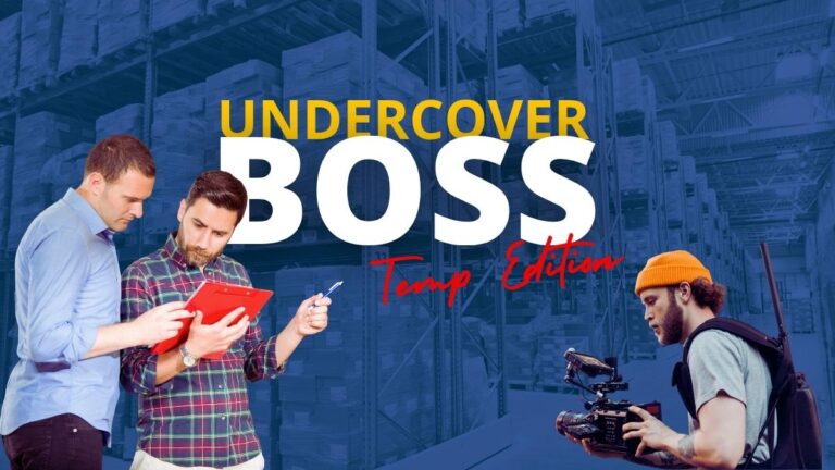 undercover boss temp edition two warehouse workers looking at clipboard being recorded by videographer