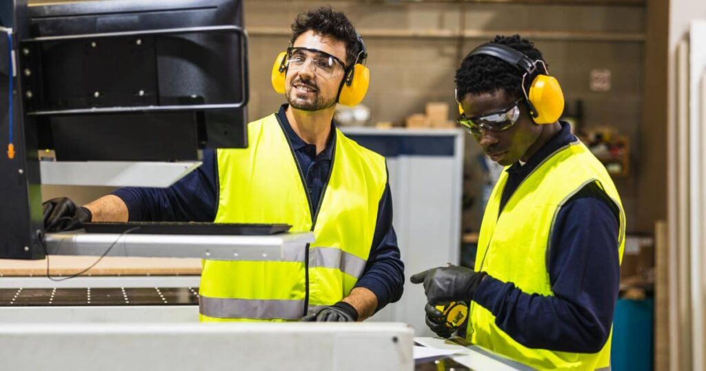 Two manufacturing workers in safety vests and hearing protection collaborating at a production machine