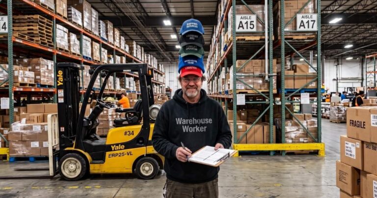 Warehouse worker in a "Warehouse Worker" sweatshirt, wearing a stack of job-title hats — Shipping Services, Logistics Pro, Forklift Operator, Warehouse Team — standing near a forklift in a distribution center