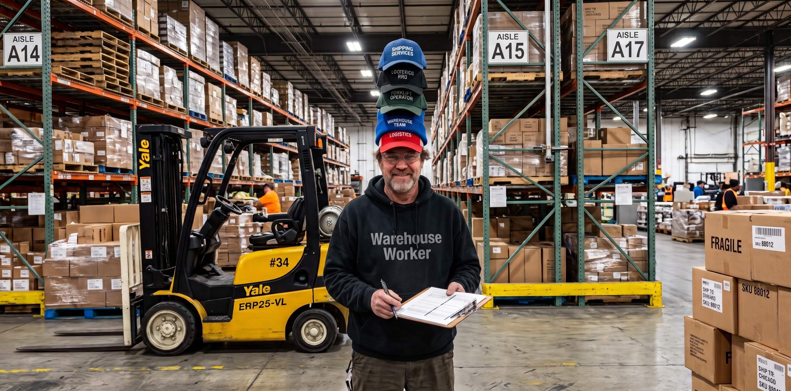 warehouse worker wearing multiple hats (1) Warehouse worker in a "Warehouse Worker" sweatshirt, wearing a stack of job-title hats — Shipping Services, Logistics Pro, Forklift Operator, Warehouse Team — standing near a forklift in a distribution center