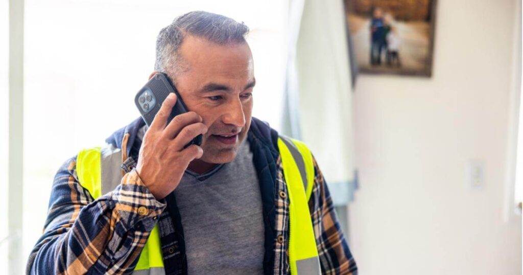 construction manager on phone with staffing partner discussing candidates